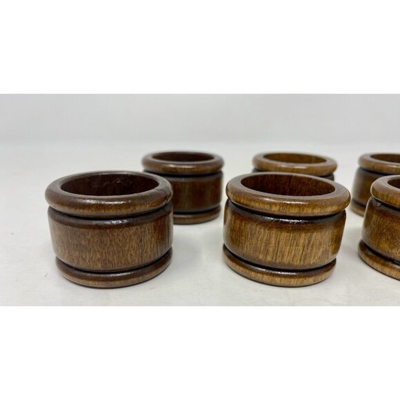 Set Of 8 Mid Century Modern Round Wooden Napkin Rings Brown - Picture 2 of 8